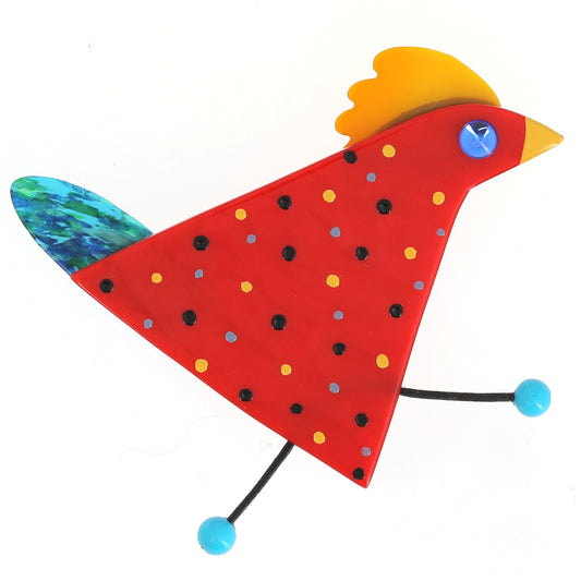 Red, yellow and turquoise Cocotte Hen Brooch