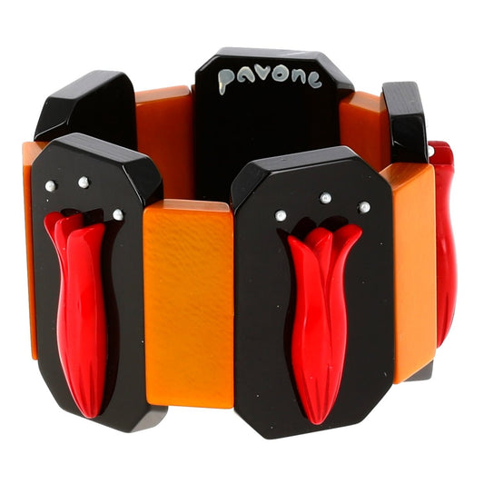 Red, Black and Ocher Flower Bracelet - Galalith – Vintage Jewelry - handcrafted by Pavone by Pavone
