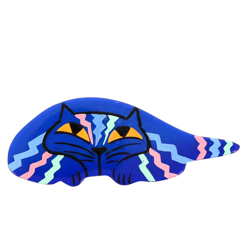 Blue Riton Cat Brooch with candy pink, blue and light blue tigers in galalith