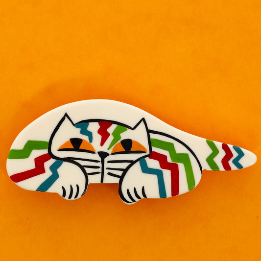 Ivory Riton Cat Brooch with anis, red and green tigers