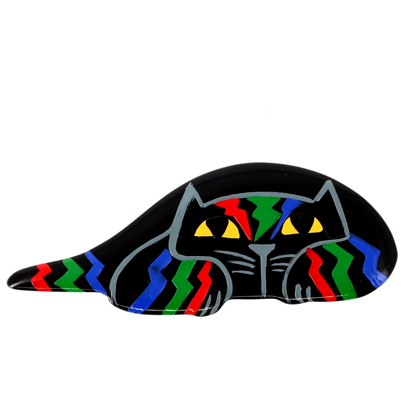 Black Riton Cat Brooch with blue, red and green tigers