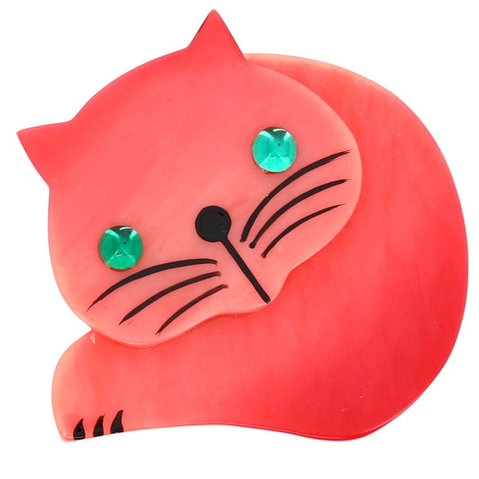 Pink Roudoudou Cat Brooch with green eyes