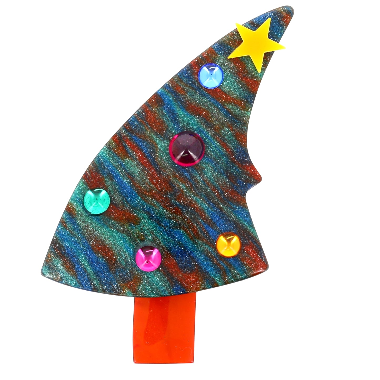 Iridescent Multicolored Green Face Christmas Tree Brooch
