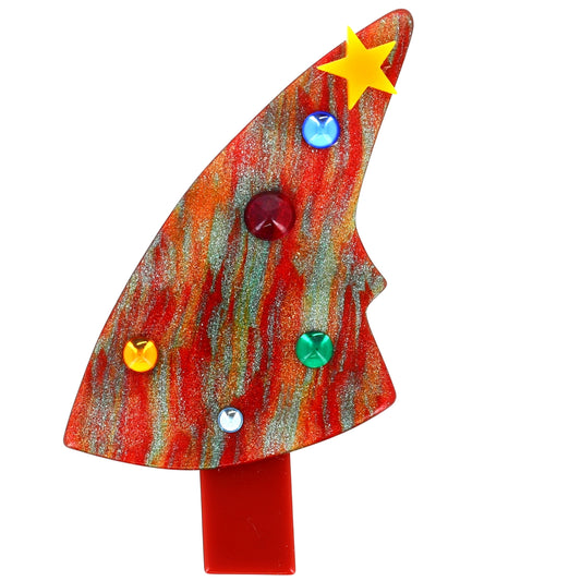 Iridescent Multicolored Red Face Christmas Tree Brooch