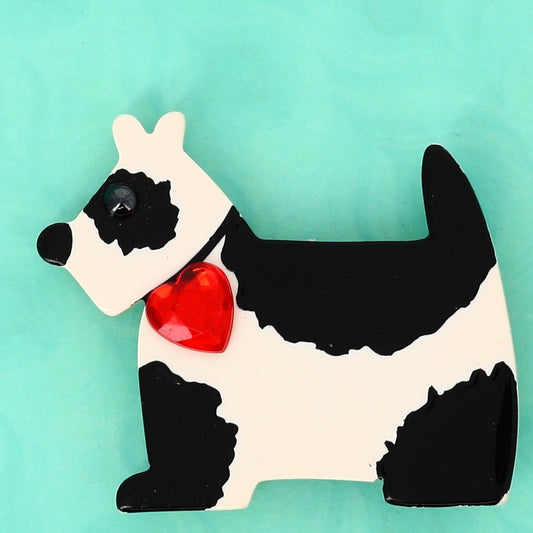 White and Black Savoy Dog Brooch in galalith