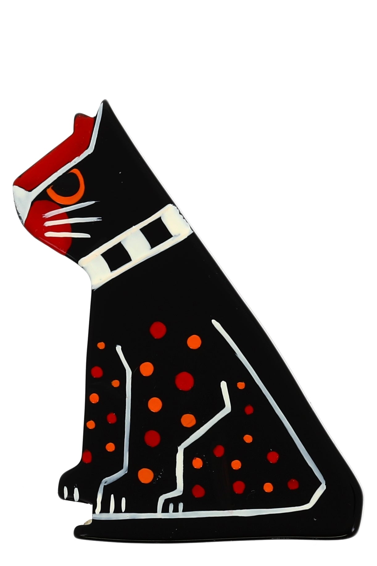 Black, White Red and Orange Little Sphinx Cat Brooch in galalith