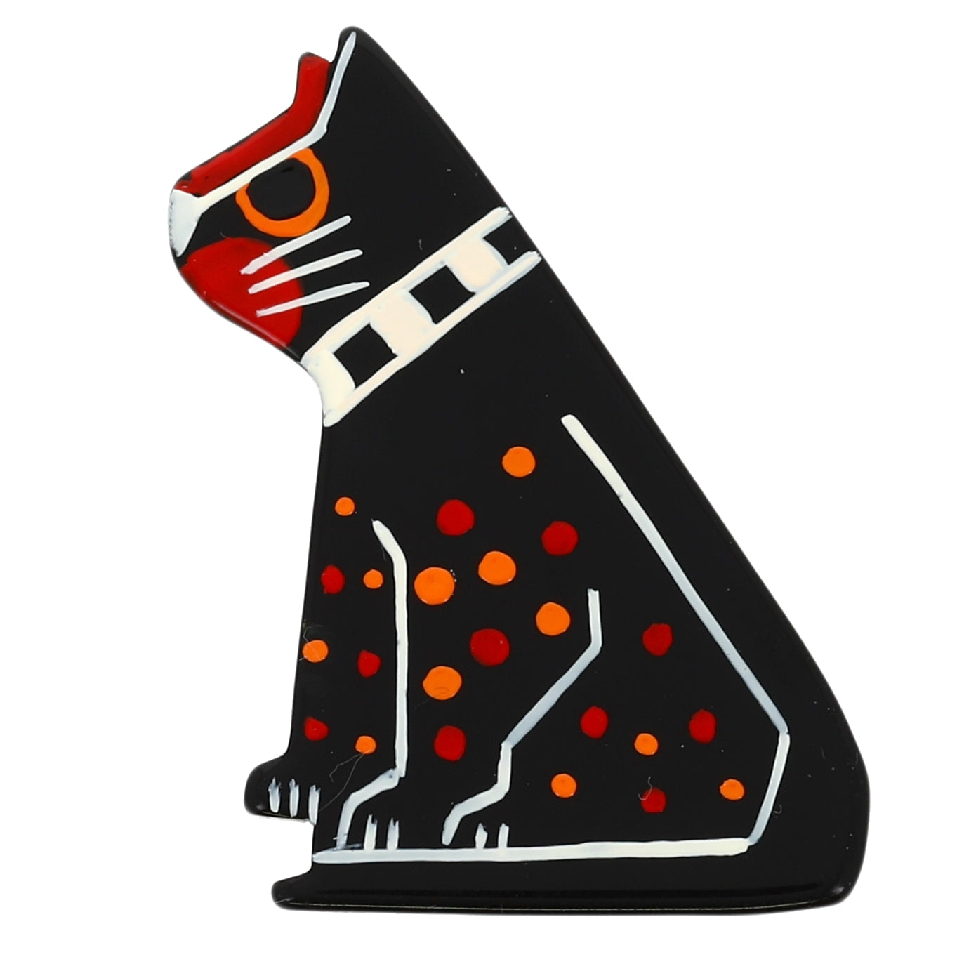 Black, White Red and Orange Sphinx Cat Brooch in galalith
