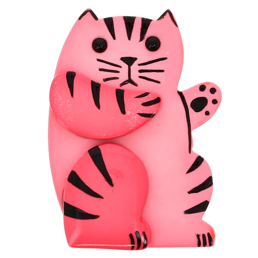 Pink Sitting Tabby Cat Brooch in galalith