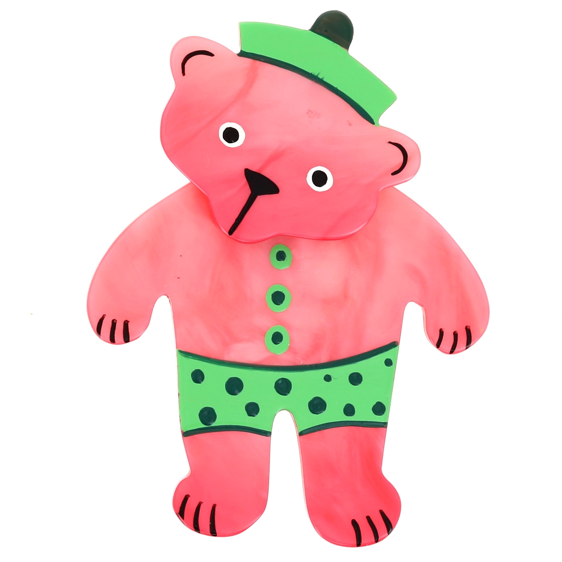 Pink-Pistachio Teddy Bear Brooch in galalith