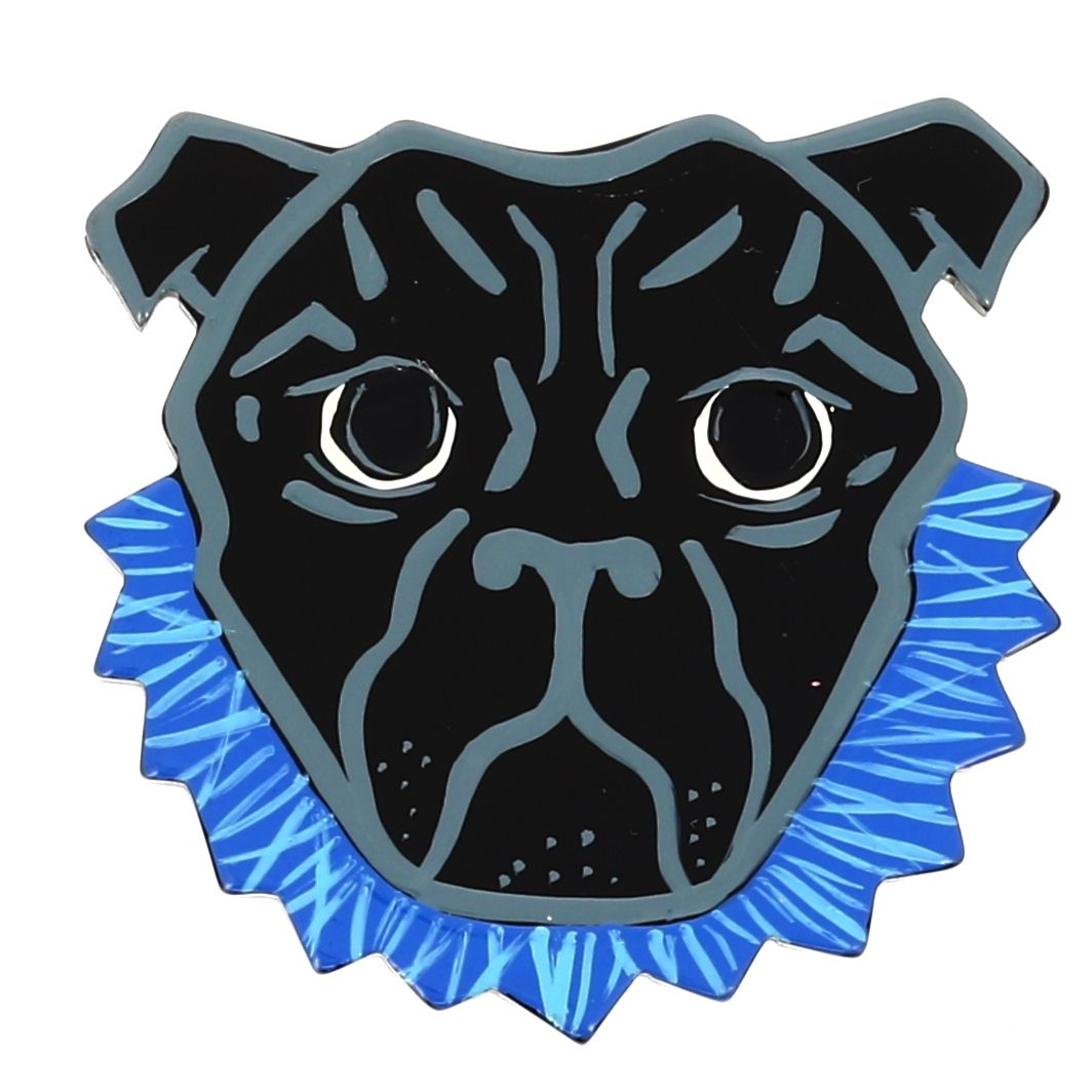 Black and blue bulldog head brooch in galalith