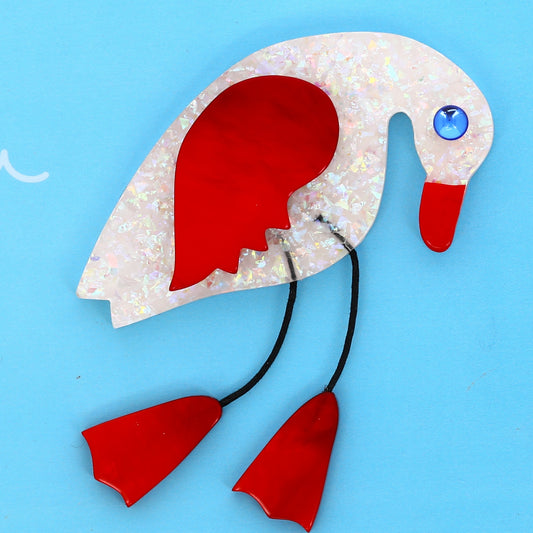 Iridescent White and Red Twisty Bird Brooch