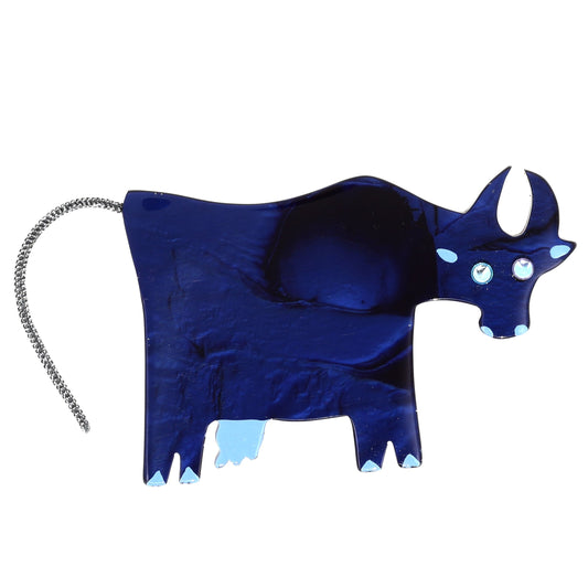 Navy Blue Cow Brooch in galalith