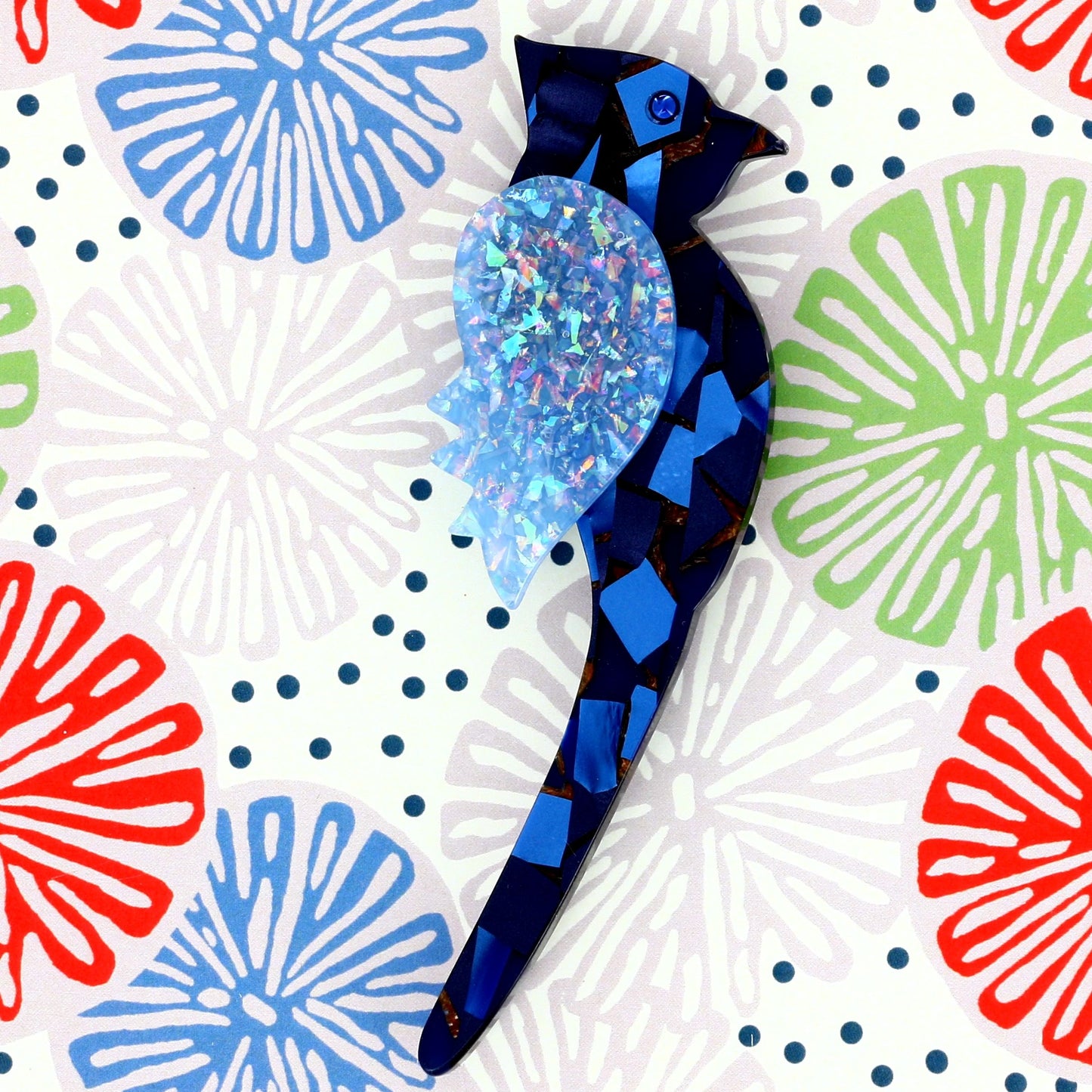 Blue Mosaic Zazy Bird Brooch in acetate