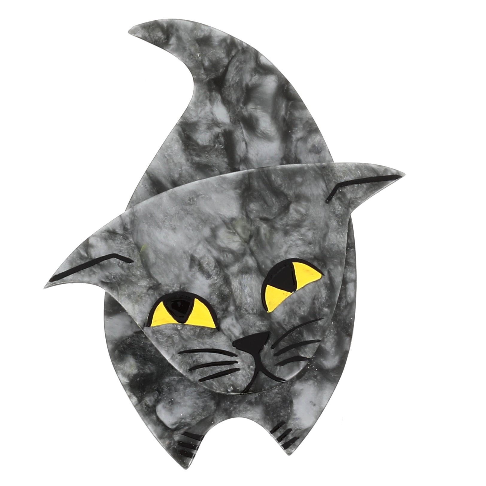 mottled gray Zorro Cat Brooch in galalith